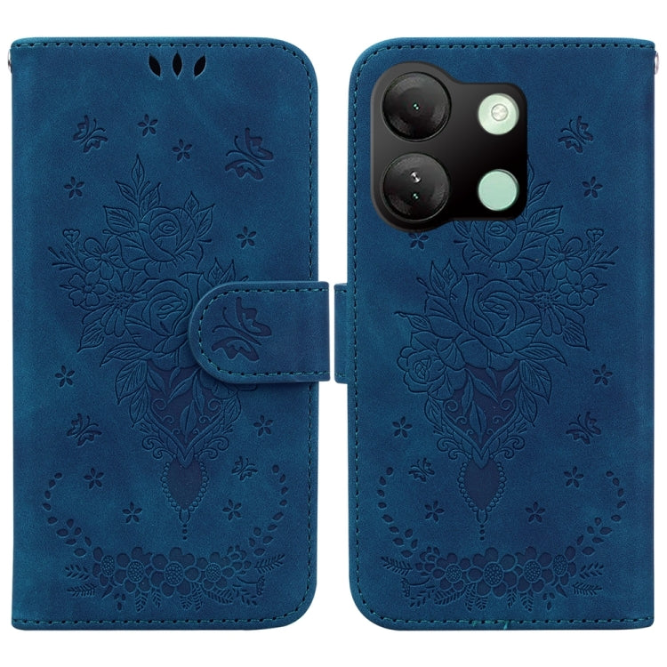 Blue Butterfly Rose Embossed Leather Phone Case for Tecno Pova 5 Pro, showcasing its elegant design and premium quality.